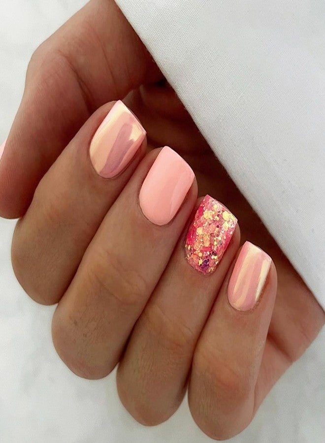 LRKNNO Extra Short Press on Nails Square Orange Glitter Fake Nails Cute Petite Acrylic Nails Decorations French False Nails with Design Artificial Full Cover Glue on Nails for Women Reusable Nails Kit 24Pcs - Image 1
